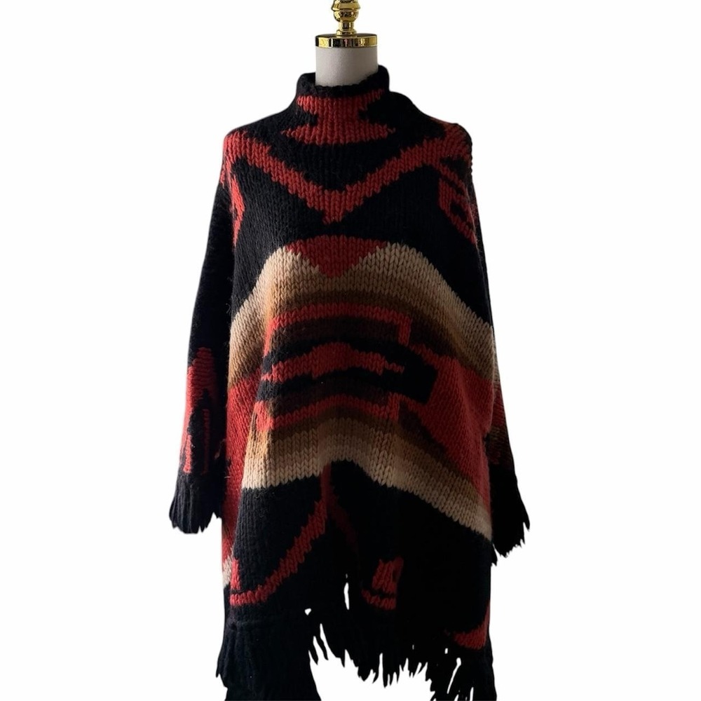Vintage Lauren Ralph Lauren Hand Knit Wool Southwestern Poncho  Fringe Sz 1 NWT
